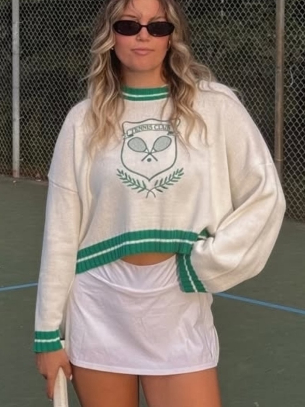 Sincerely Jules White Cropped Tennis Sweater with Green Trim